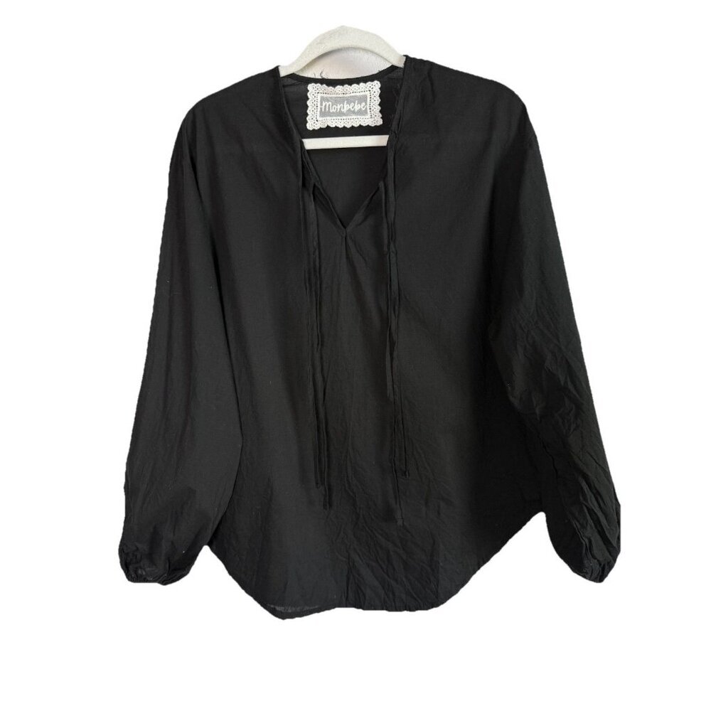 Monbebe Women’s Black Front Tie Shirt Top‎ Size OS Minimalist Lightweight